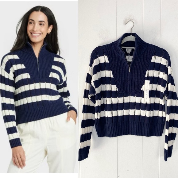 Quarter Zip Collared Pullover Sweater Blue White Stripe Universal Thread Sz S - Picture 1 of 9
